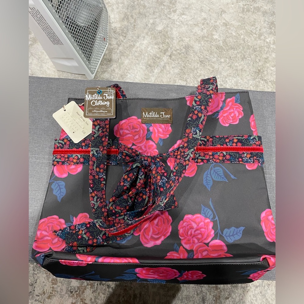 Matilda Jane Heart Strings Tote NWT, black background with roses.